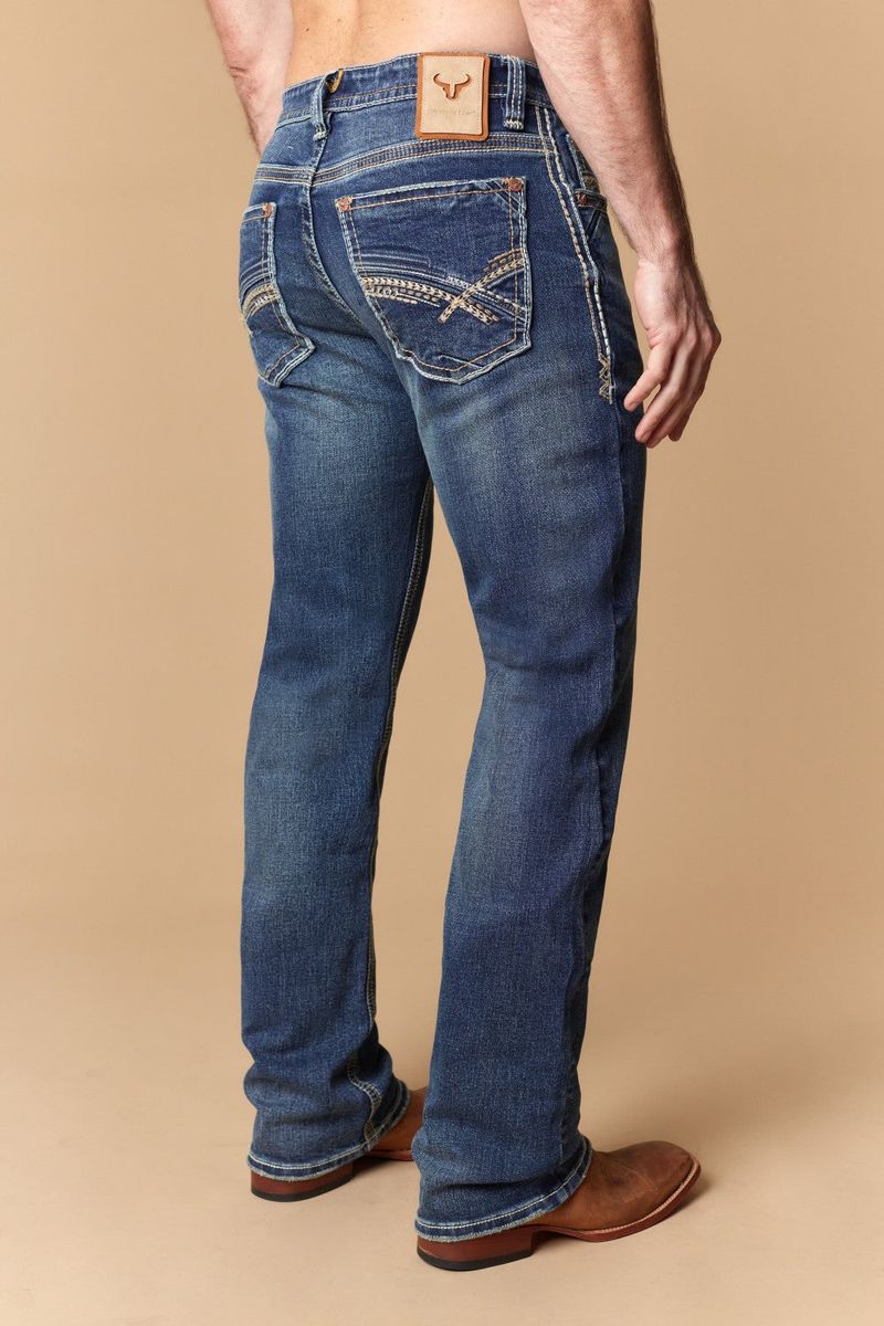 W-493-L34 WESTERN BLUE MEN'S EMBROIDERED MODERN BOOTCUT JEANS