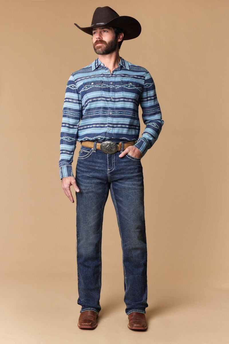 W-494-L34 MEN'S EMBROIDERED MODERN BOOT CUT JEANS