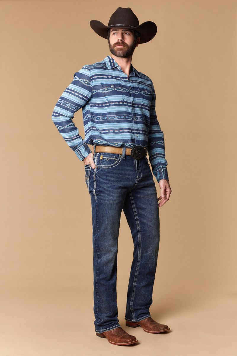 W-494-L34 MEN'S EMBROIDERED MODERN BOOT CUT JEANS
