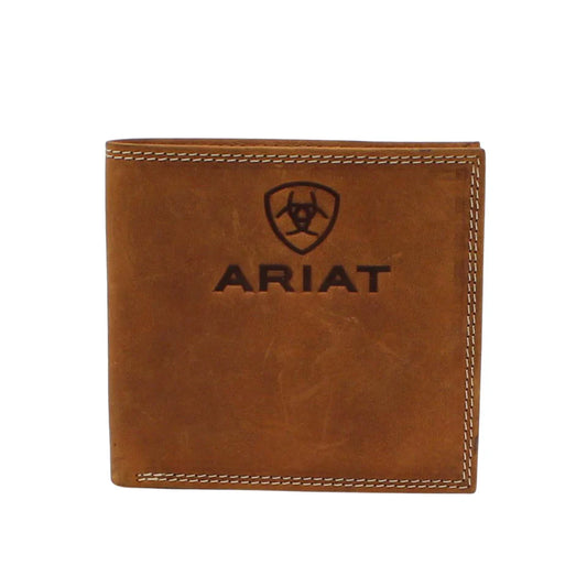 A3548244 ARIAT MEN'S LARGE EMBOSSED LOGO BIFOLD WALLET - MEDIUM BROWN