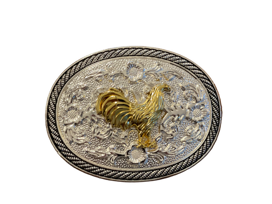 DGR010 DOUBLE G RANCH BELT BUCKLE SILVER WITH GOLD ROOSTER