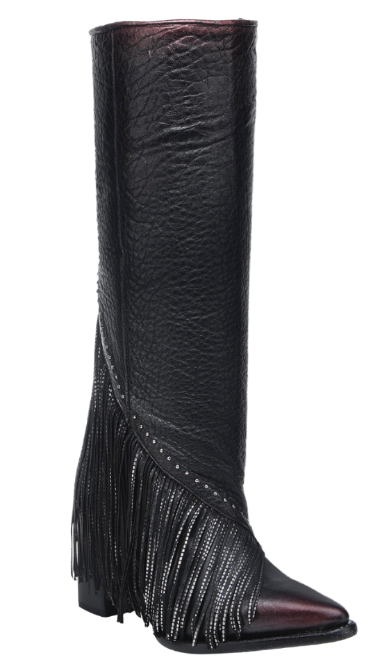 CC248 LD CUADRA BLACK ZIPPER & STUDS & FRINGE POINTED TOE BOOT