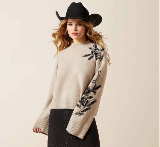 10065989 ARIAT WOMENS ALL EMBELLISHED SWEATER- OATMEAL HEATHER