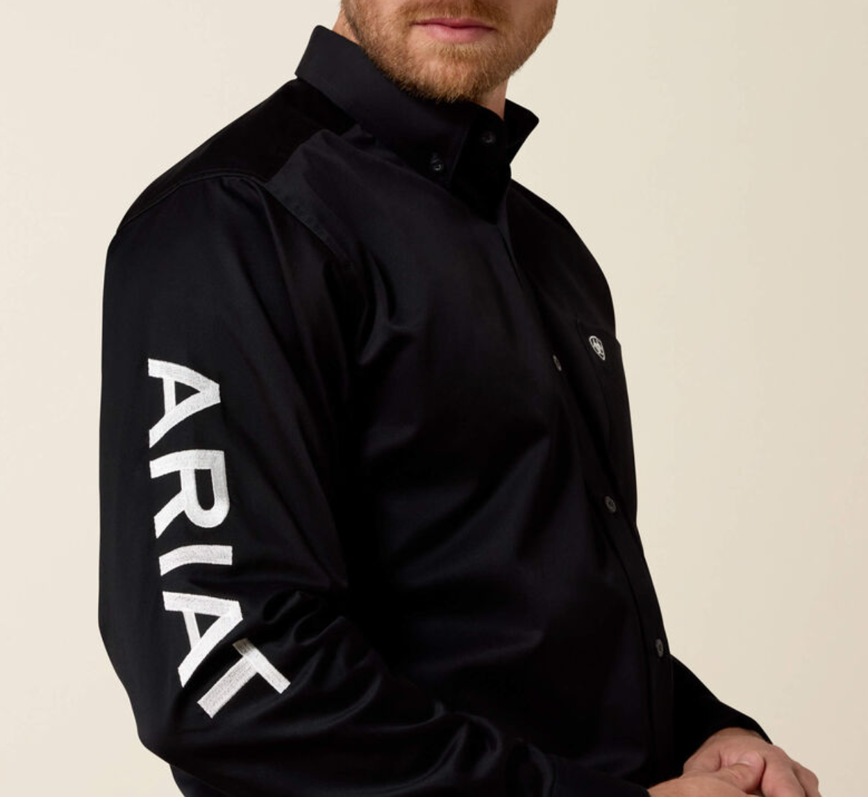 10017497 ARIAT MENS TEAM LOGO TWILL CLASSIC FIT LONG SLEEVE SHIRT- BLACK AND WHITE