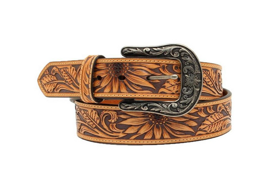 N320001608 NOCONA LEADIES TAN SUNFLOWER TOOLED LEATHER BELT