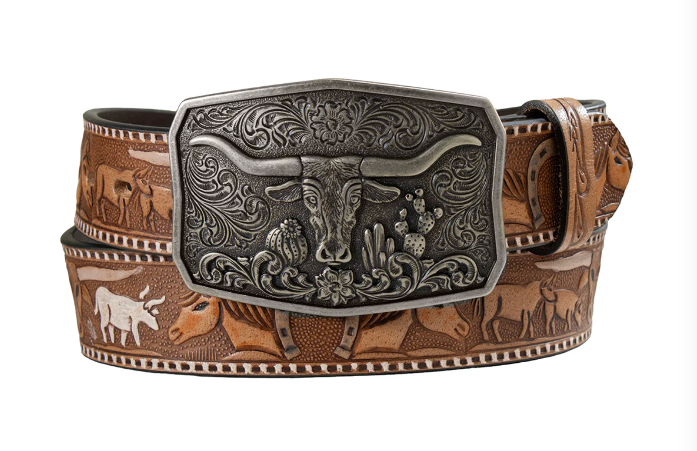 N320008102 NOCONA WOMEN'S 1-1/2" VINTAGE WESTERN BELT WITH LONGHORN BUCKLE