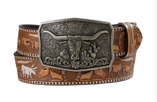 N320008102 NOCONA WOMEN'S 1-1/2" VINTAGE WESTERN BELT WITH LONGHORN BUCKLE
