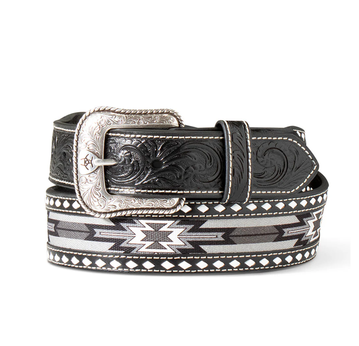 A1308101 ARIAT YOUTH BLACK LEATHER SOUTHWEST INLAY WITH DIAMOND LACING BELT