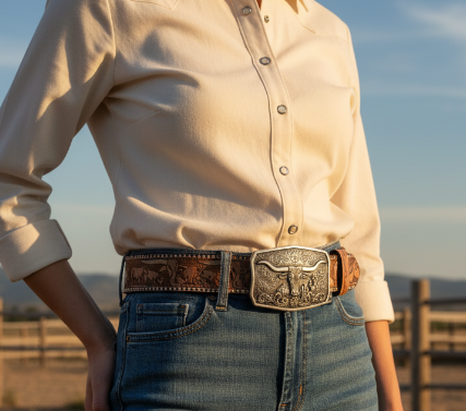 N320008102 NOCONA WOMEN'S 1-1/2" VINTAGE WESTERN BELT WITH LONGHORN BUCKLE