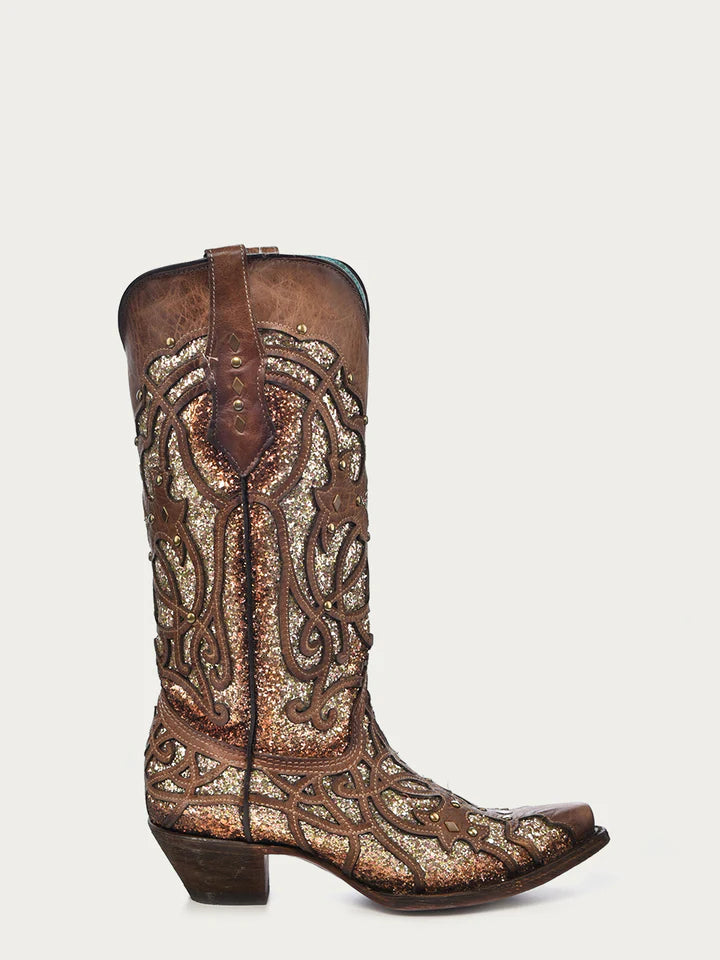 C3331  WOMEN'S ORIX GLITTERED INLAY AND STUDS BROWN SNIP TOE COWBOY BOOT