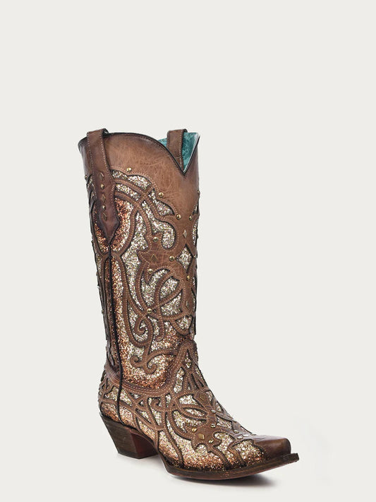 C3331  WOMEN'S ORIX GLITTERED INLAY AND STUDS BROWN SNIP TOE COWBOY BOOT