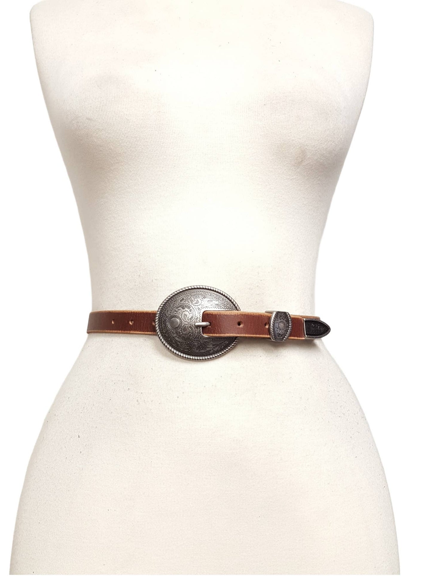 Vintage Skinny Leather Belt w.  antique silver floral buckle: Black