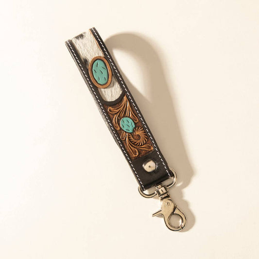 Myra Tallin Bloom Handtooled Leather Keyfob in Saddle Sky: Saddle Sky