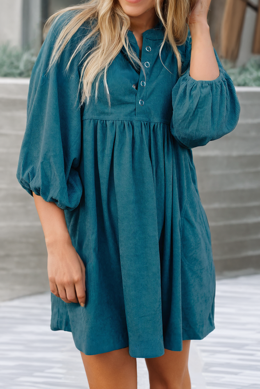 LD6121359-P4 LDC Corduroy Snap Buttons Empire Waist Bracelet Sleeve Dress: Blue