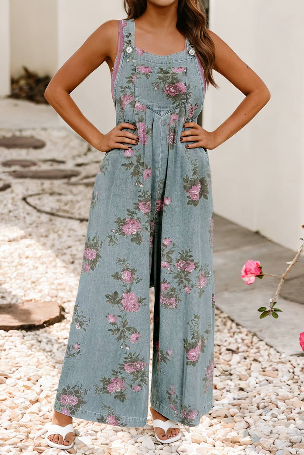 WESTERN FLORAL PLEATED HIGH WAITS WIDE LEG DENIM JUMPSUIT: BEAU BLUE