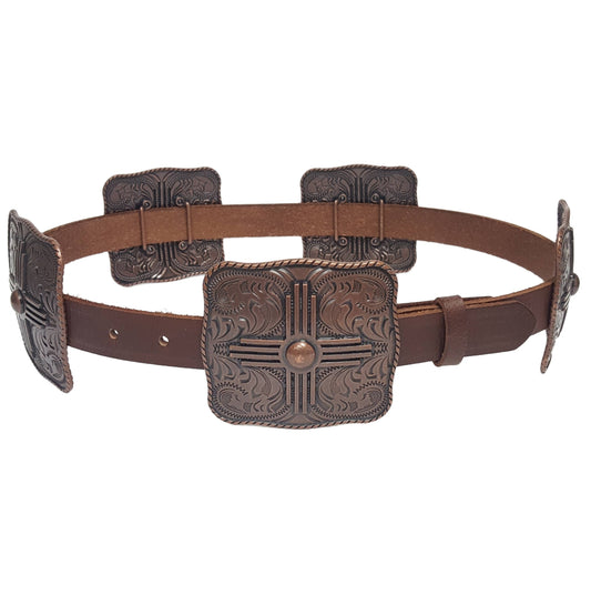 Genuine Leather w. Western Buckle-Size Zia Concho Belt: Brown/Copper