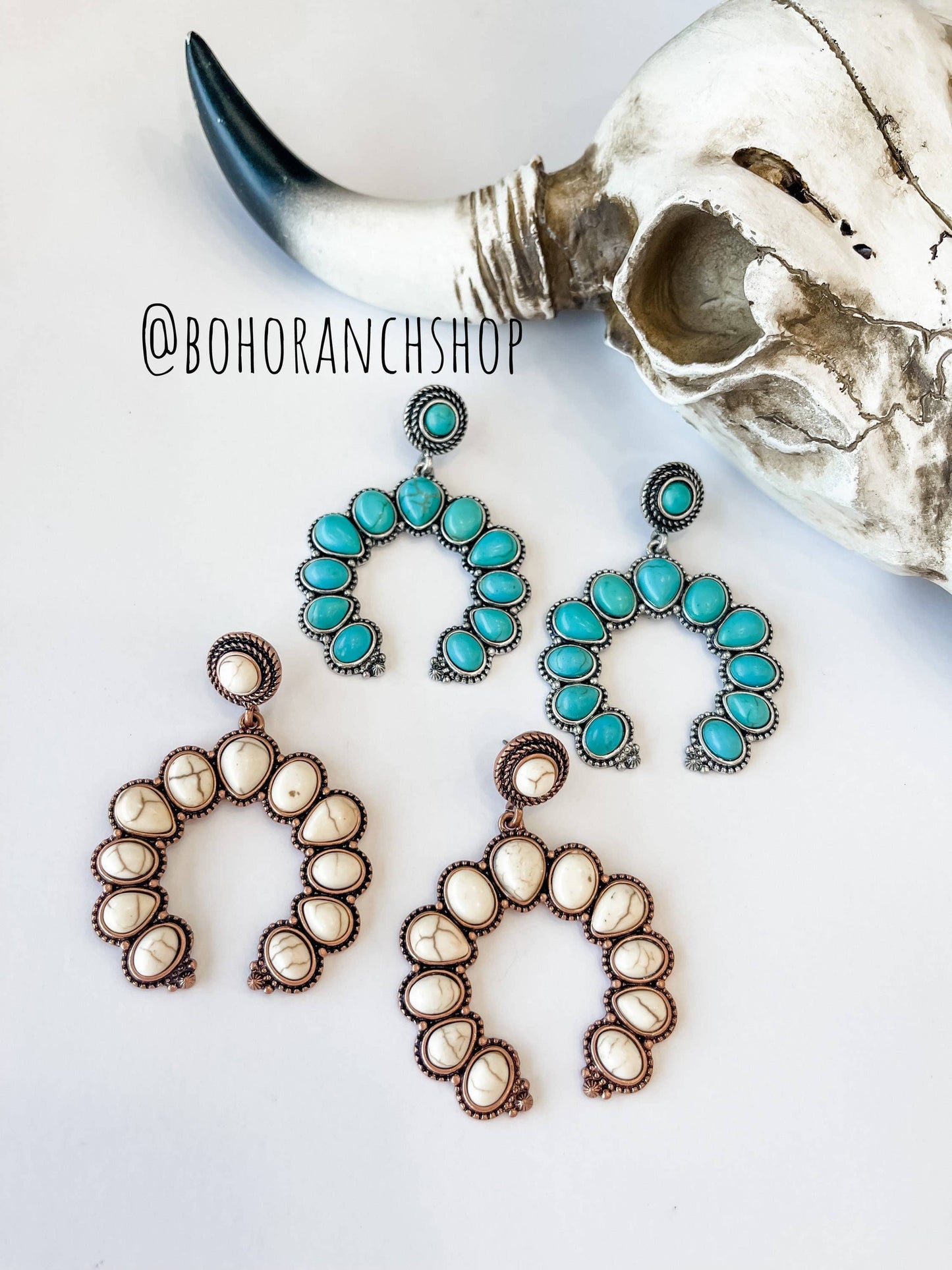 WESTERN SQUASH BLOSSOM STONE STUD EARRINGS: TURQUOISE
