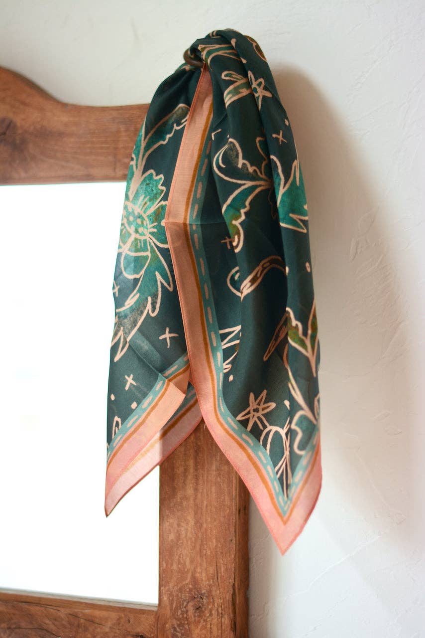 SPURS AND FLORAL TURUOISE AND PEACH WESTERN SILK WILD RAG SCARF
