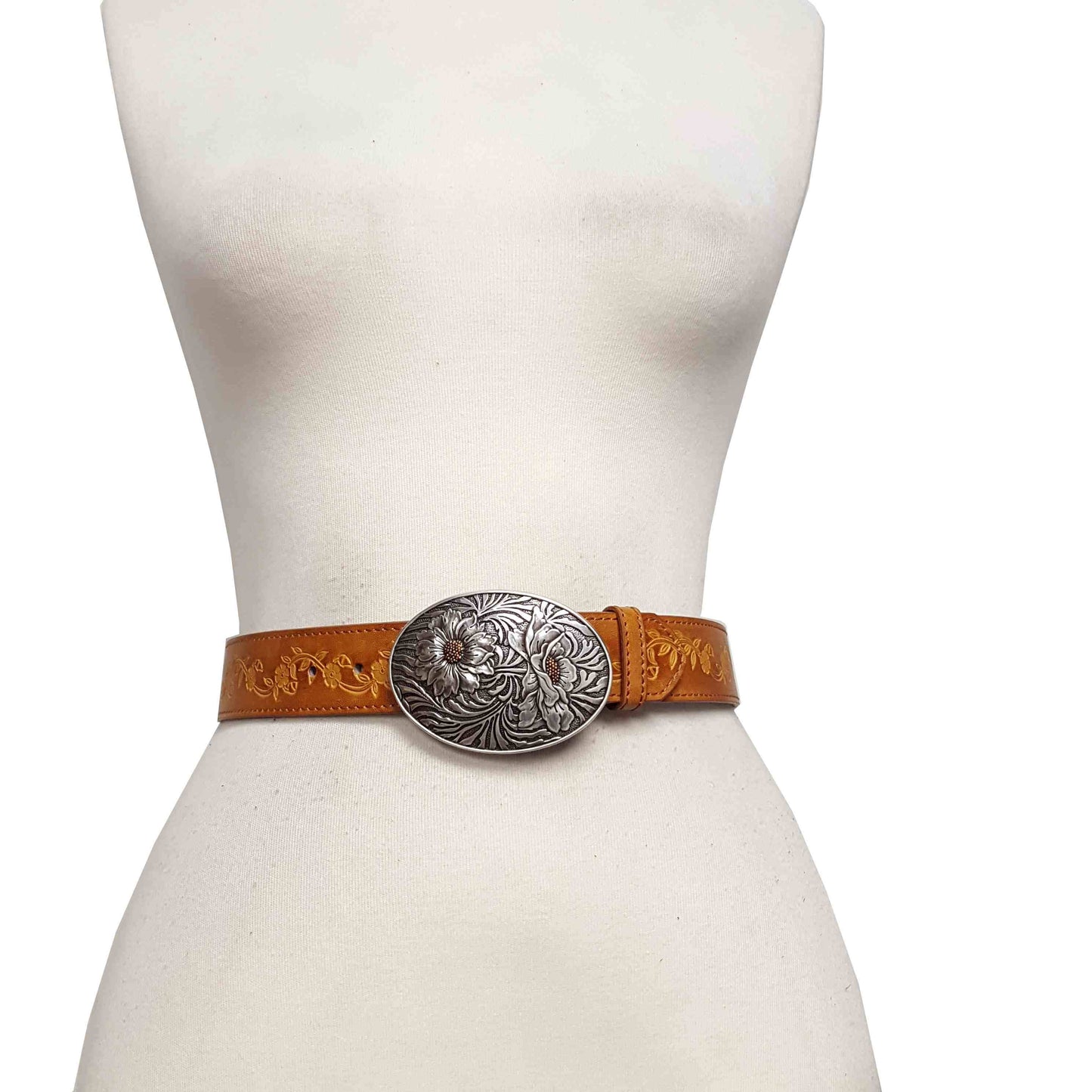 Popular Sunflower Buckle with Vintage floral tooled belt: Tan