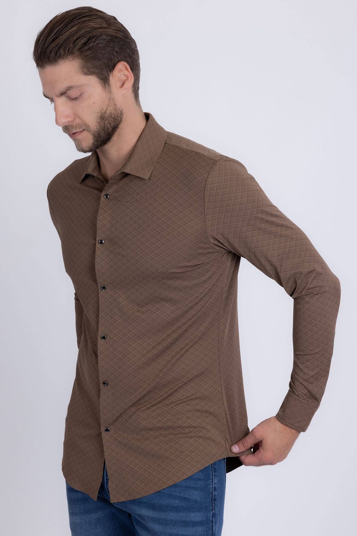 Napoleone Patterned Long Sleeve Shirt: Coffee