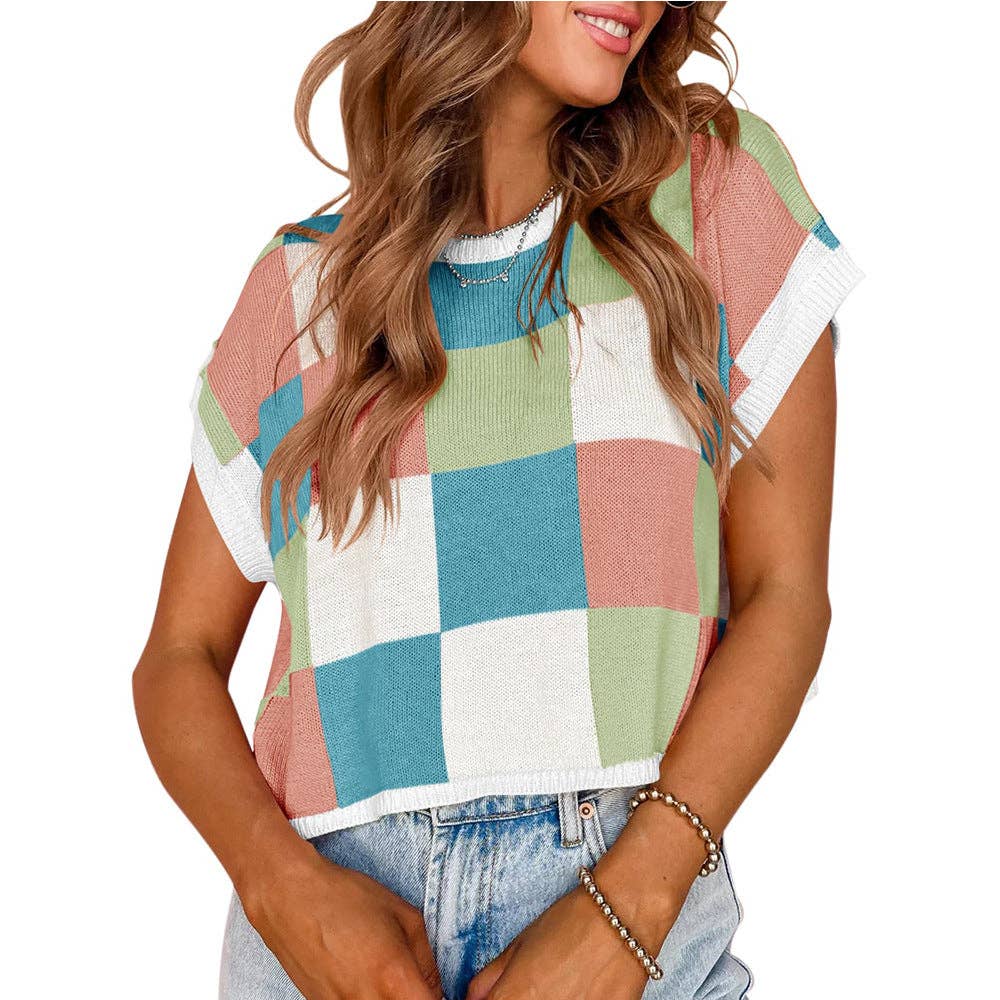 MD263-14 Colorblocked Sweater Vest Crew Neck Knit Trendy Pullover Vest: Orange