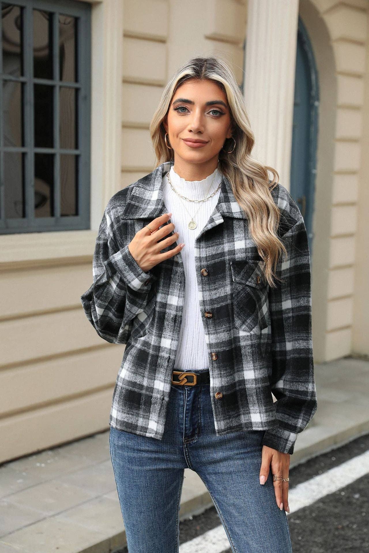 HLL7013-3 Long Sleeve Loose Pocket Plaid Top Wool Jacket