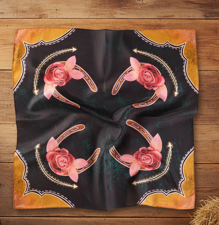 RODEO ROSE IN MIDNIGHT WILD RAG WESTERN SILK SCARF