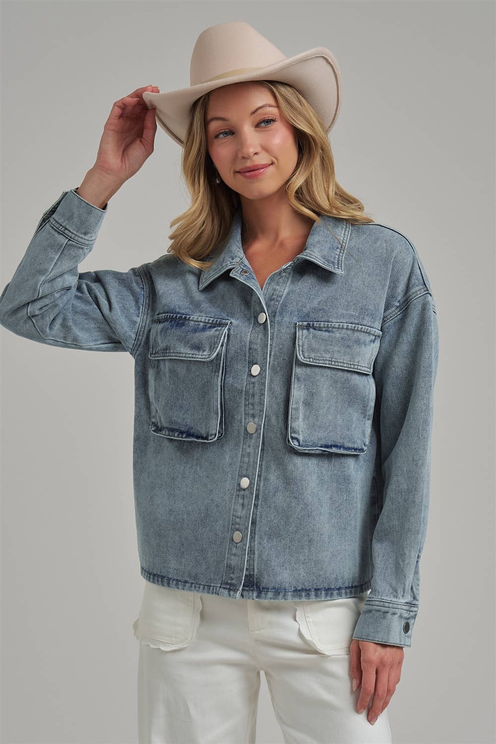 VINTAGE WASHED DENIM SHACKET WITH 3D FRONT POCKETS: DENIM