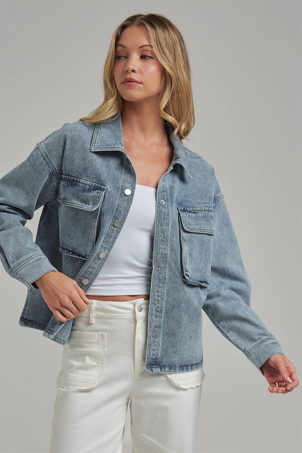 VINTAGE WASHED DENIM SHACKET WITH 3D FRONT POCKETS: DENIM