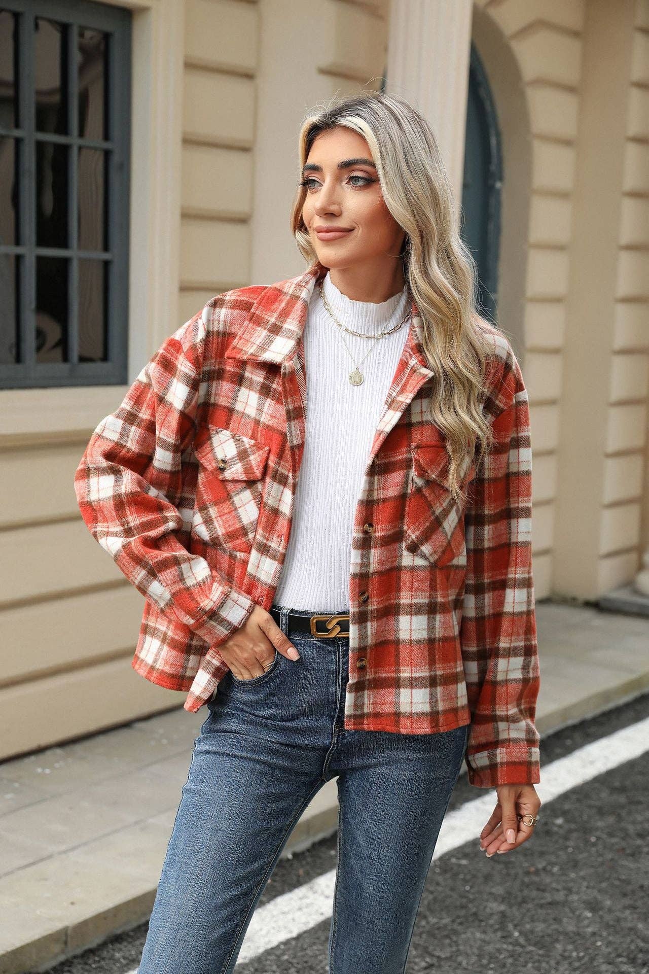 HLL7013-3 Long Sleeve Loose Pocket Plaid Top Wool Jacket