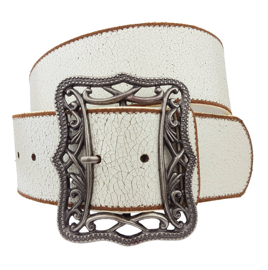 Wide Vintage Leather belt with Dark Silver Western Buckle: Cream