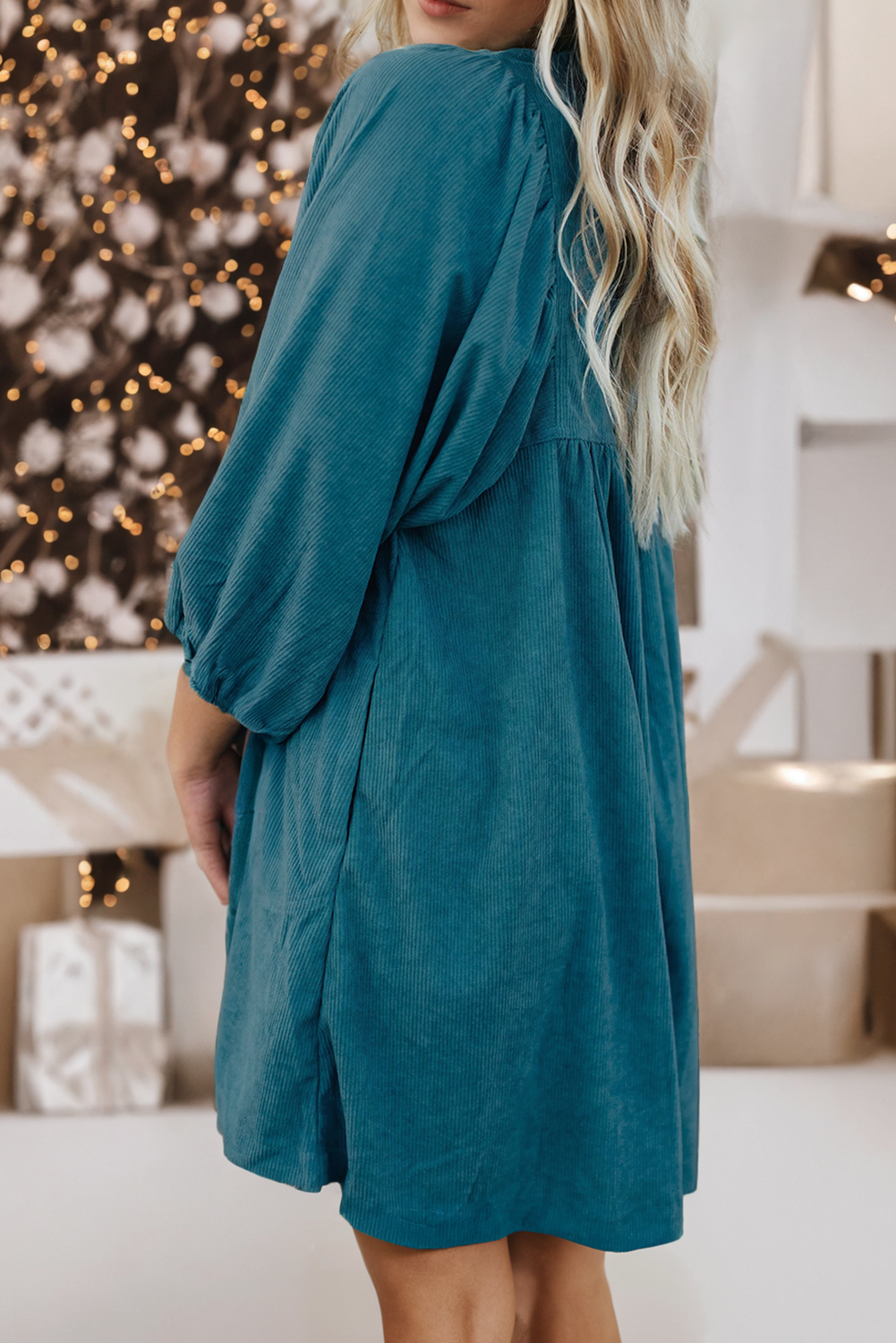 LD6121359-P4 LDC Corduroy Snap Buttons Empire Waist Bracelet Sleeve Dress: Blue