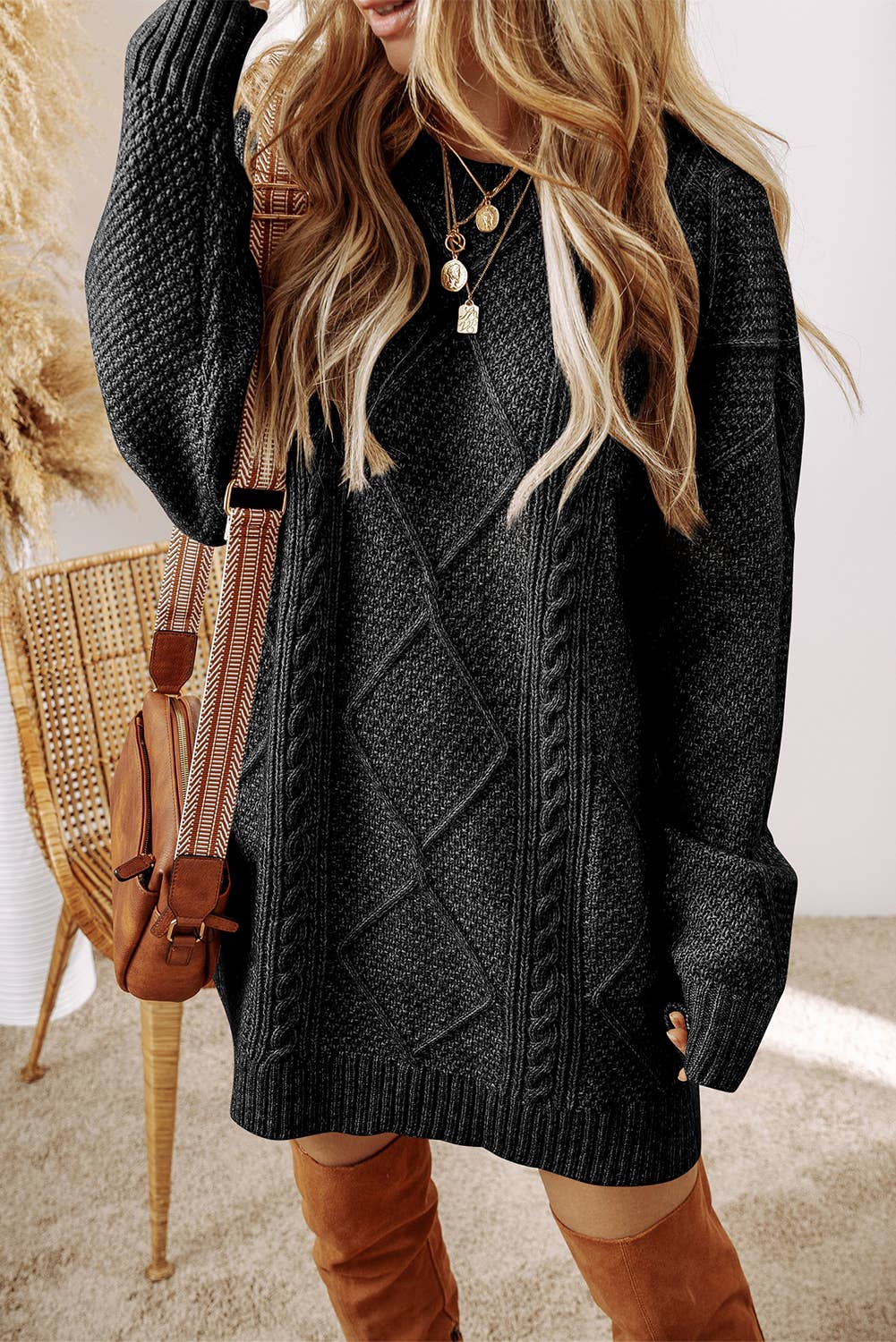 LD273764-P6016 LDC Cable Knit Drop Shoulder Loose Fit Sweater Dress: Parchment