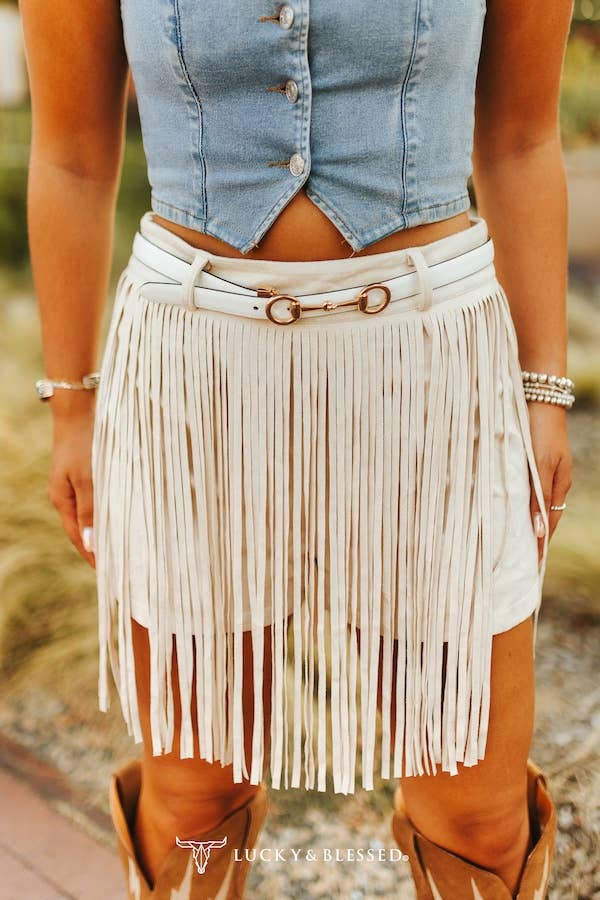 Bone Ivory Suede Fringe Front Buckle Belt Shorts