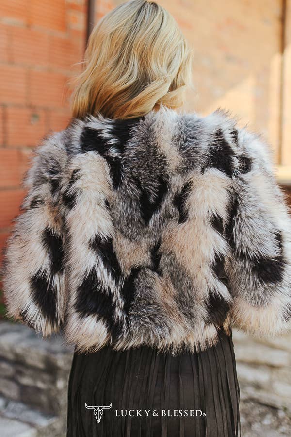 Taupe Grey Marbled Faux Fur Fringe Statement Jacket
