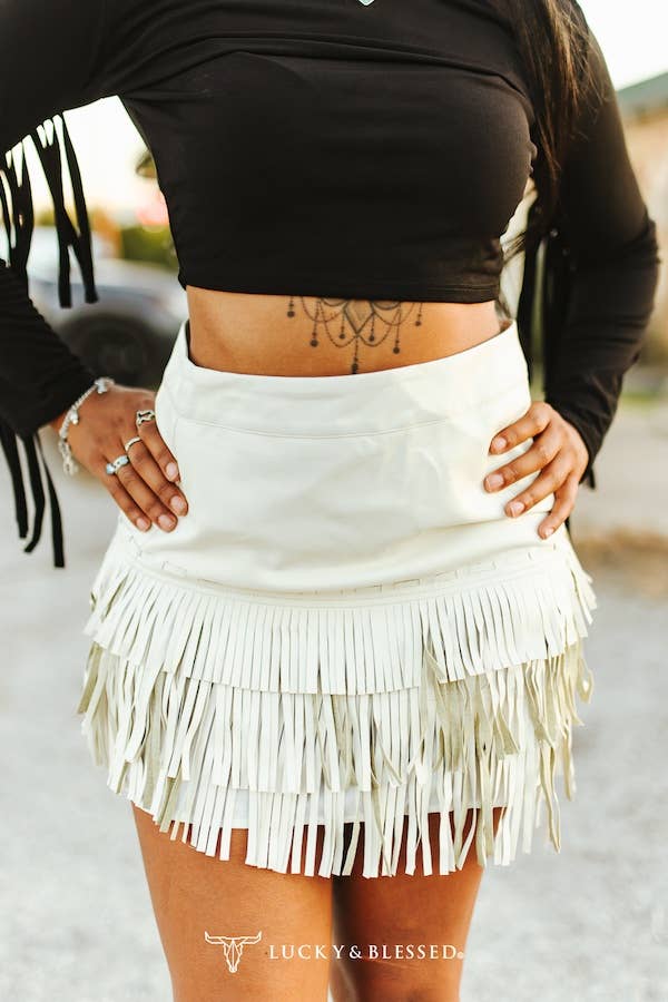 LUCKY & BLESSED IVORY STITCHED TIER FRINGE SKIRT