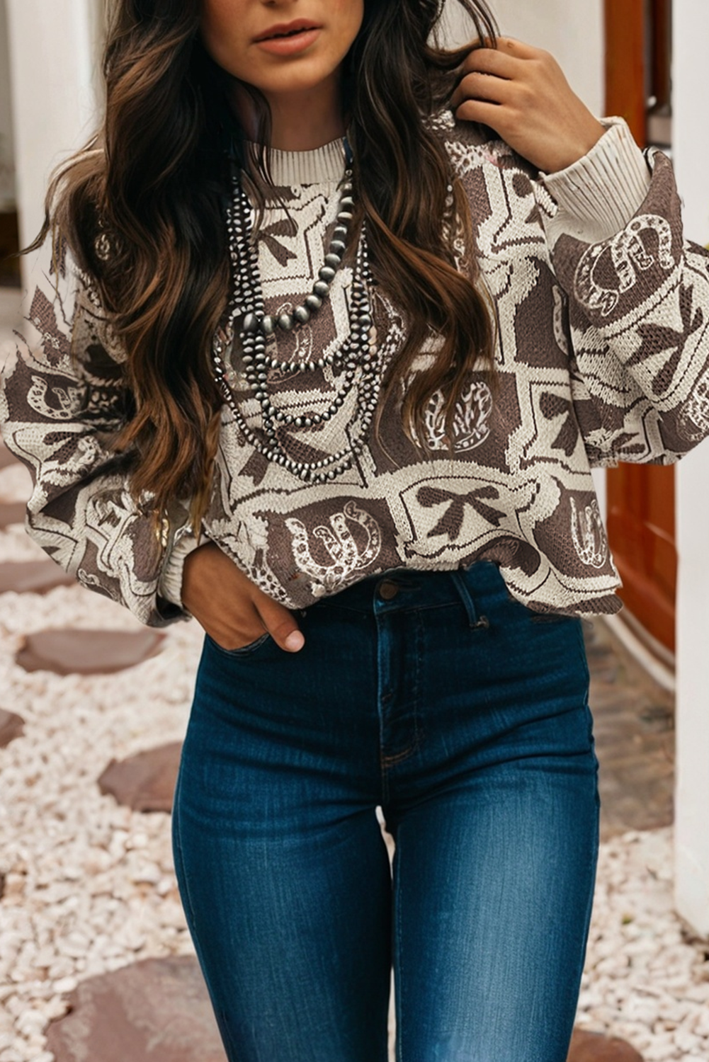 LD2726887-P222 LDC Western Fashion Patterned Loose Sweater| S-4X: Black