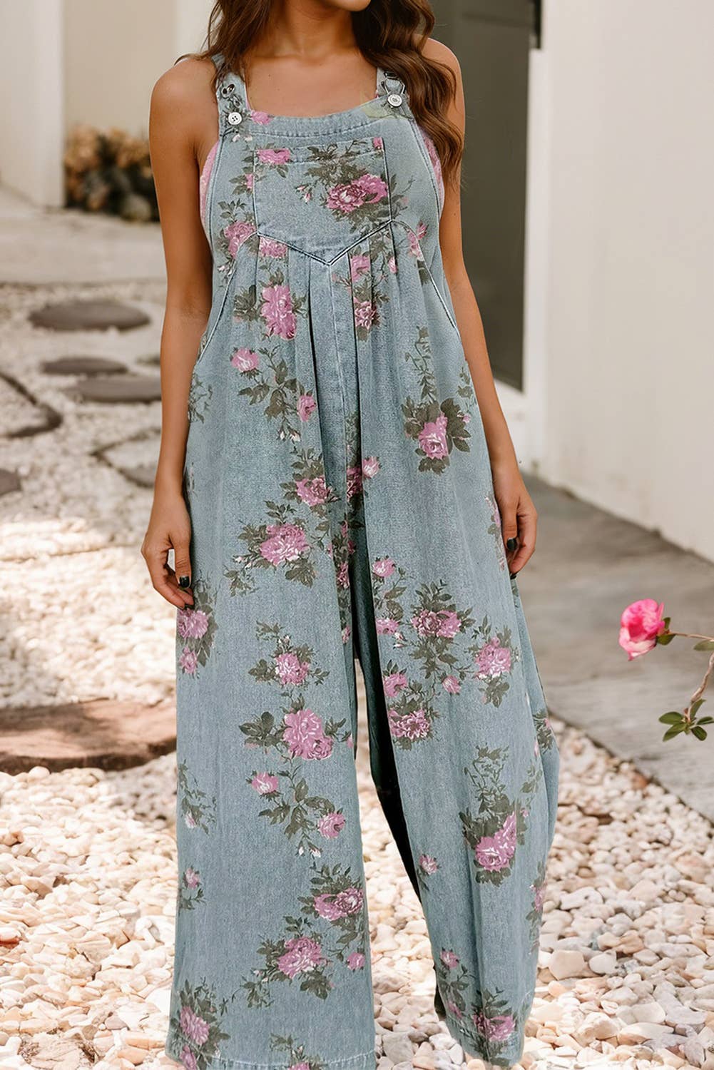 WESTERN FLORAL PLEATED HIGH WAITS WIDE LEG DENIM JUMPSUIT: BEAU BLUE