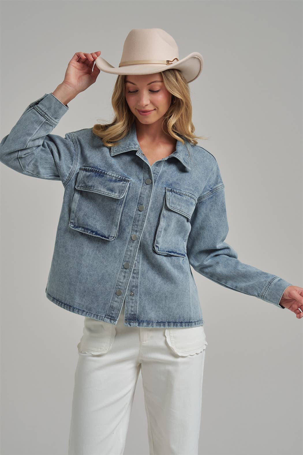 VINTAGE WASHED DENIM SHACKET WITH 3D FRONT POCKETS: DENIM