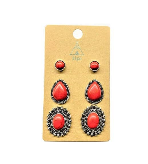 Western 3 Pair Turquoise Earring Set: Red