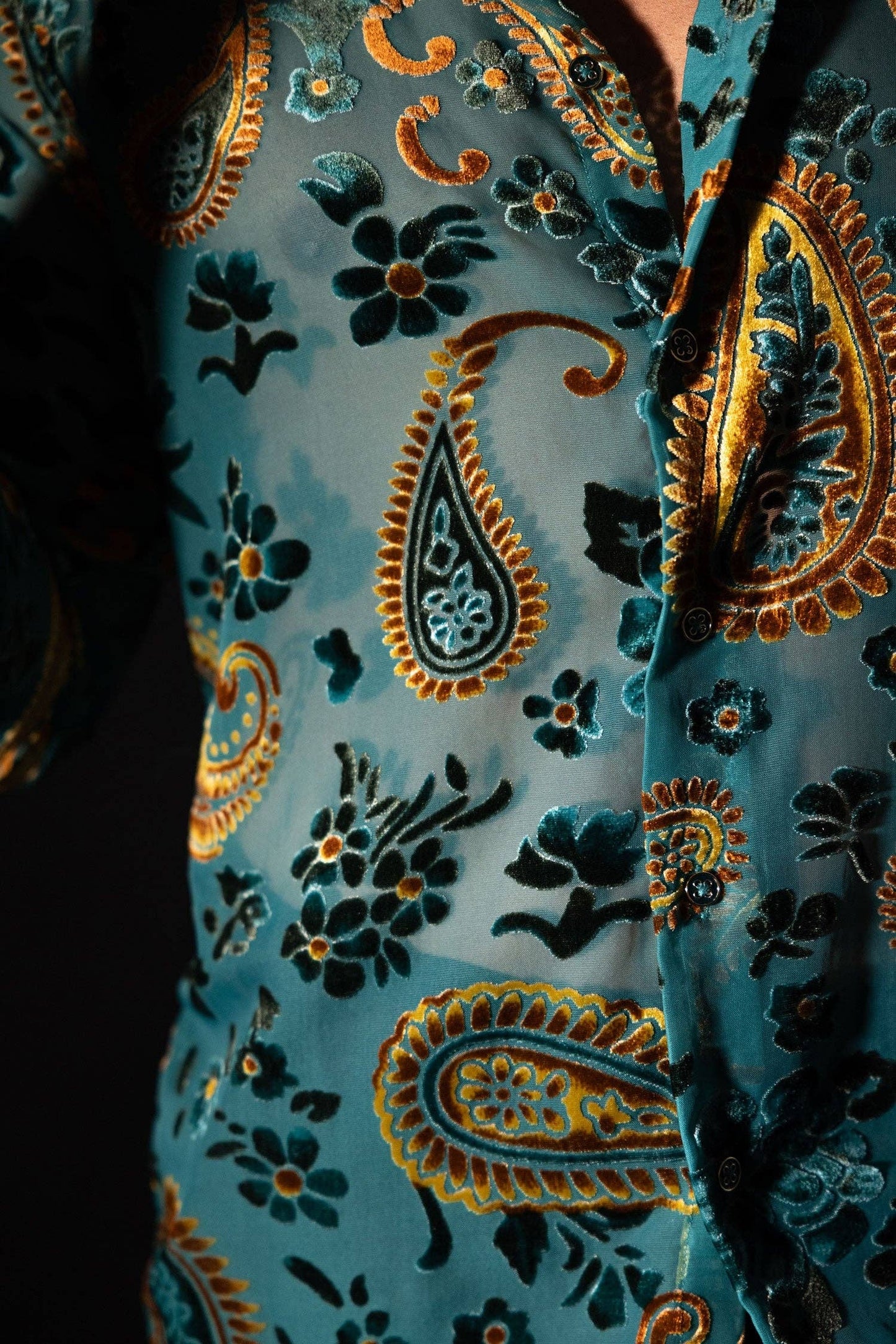 Bund Paisley Long Sleeve Shirt: -TEAL