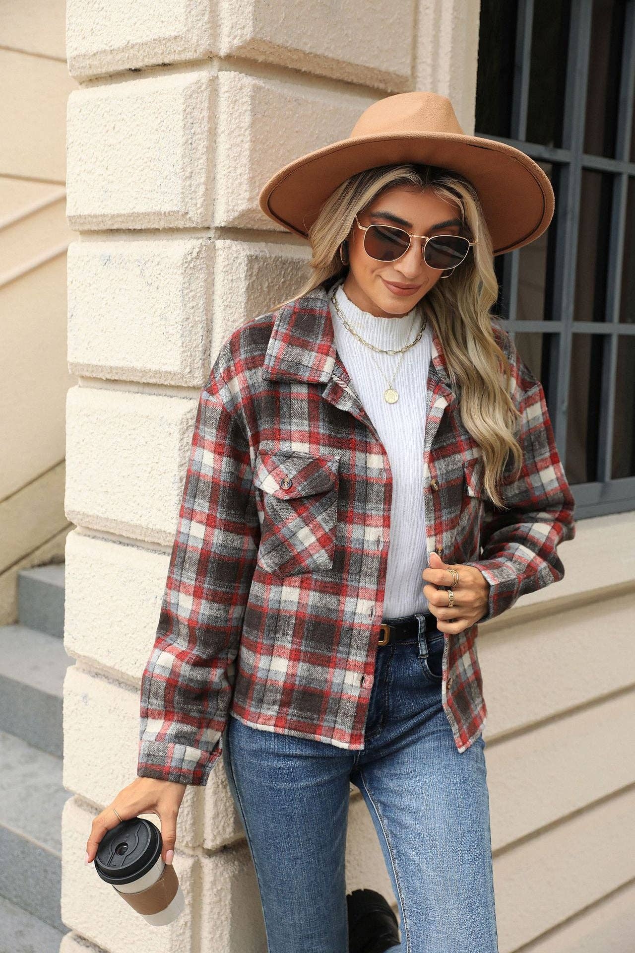 HLL7013-3 Long Sleeve Loose Pocket Plaid Top Wool Jacket