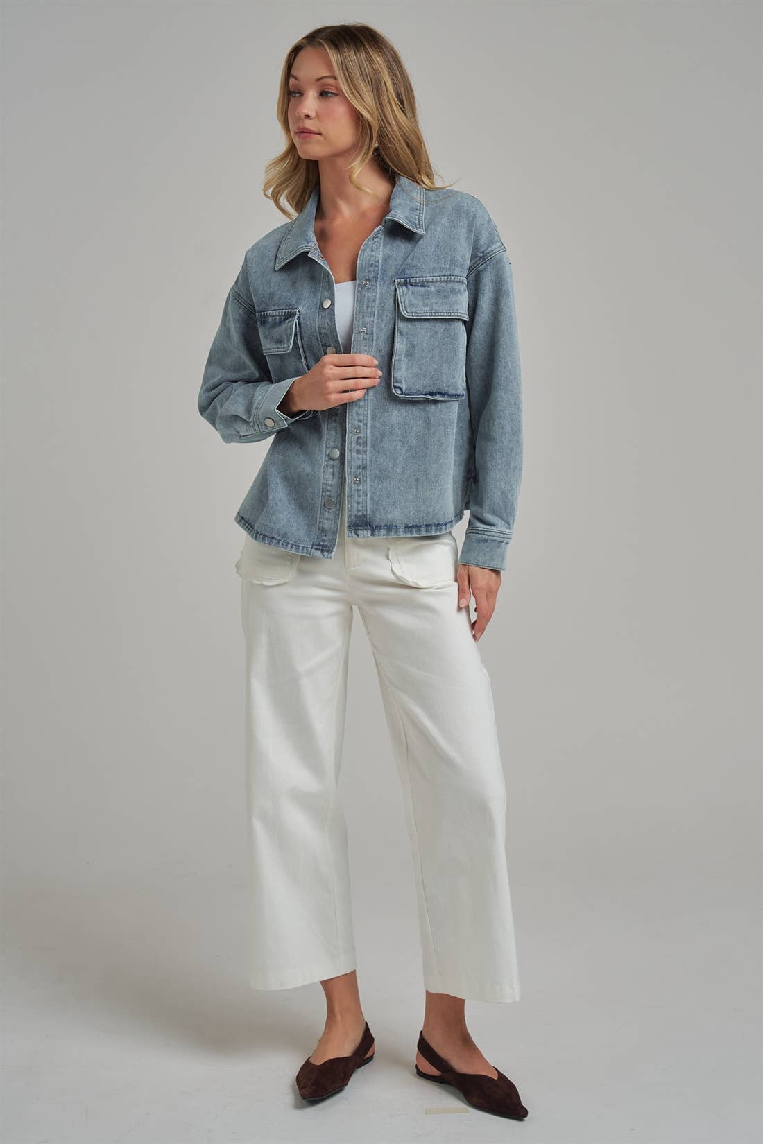 VINTAGE WASHED DENIM SHACKET WITH 3D FRONT POCKETS: DENIM