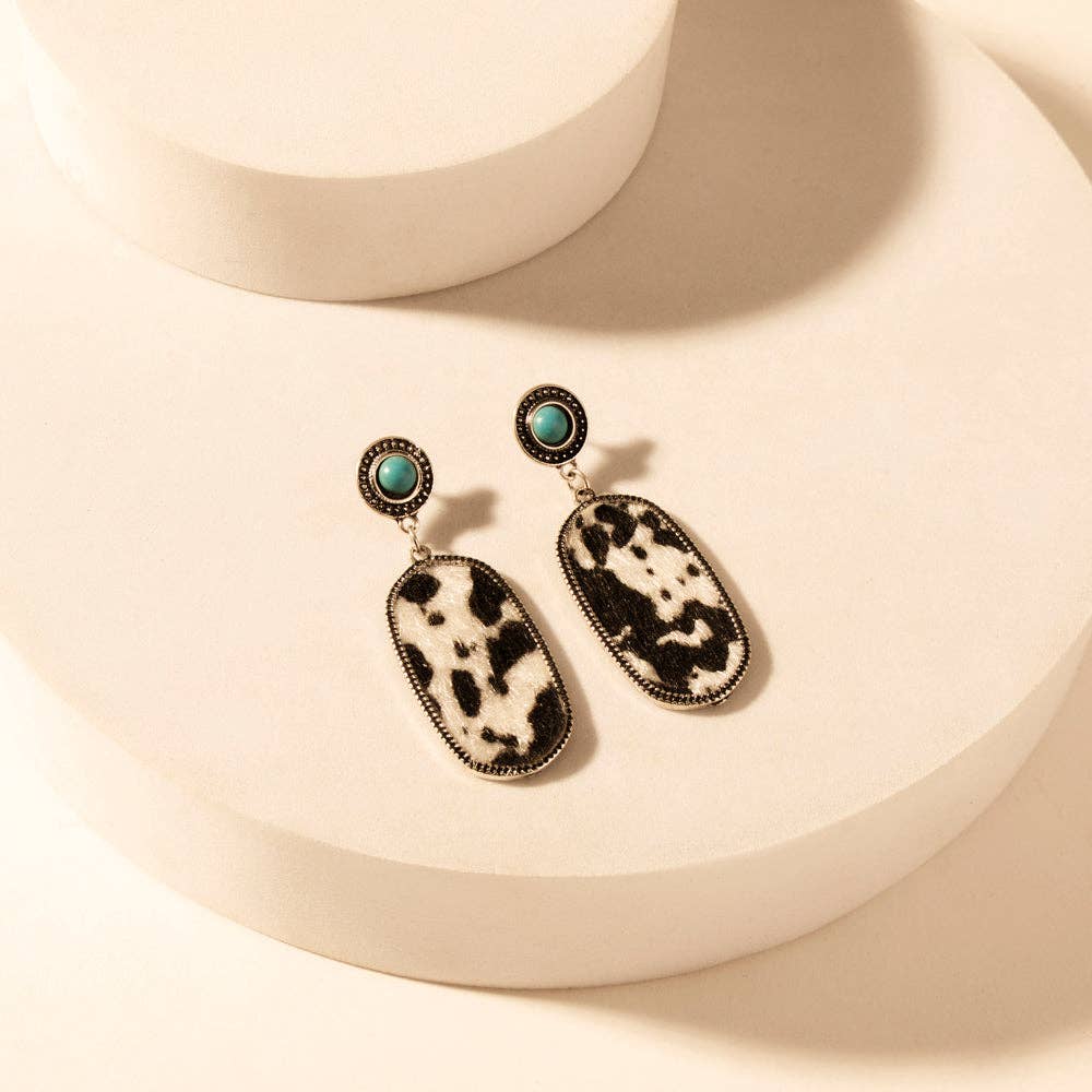 Wild Hide Dangle Earrings for Women with turquoise and cowhide print detail for premium western wear: Black & White