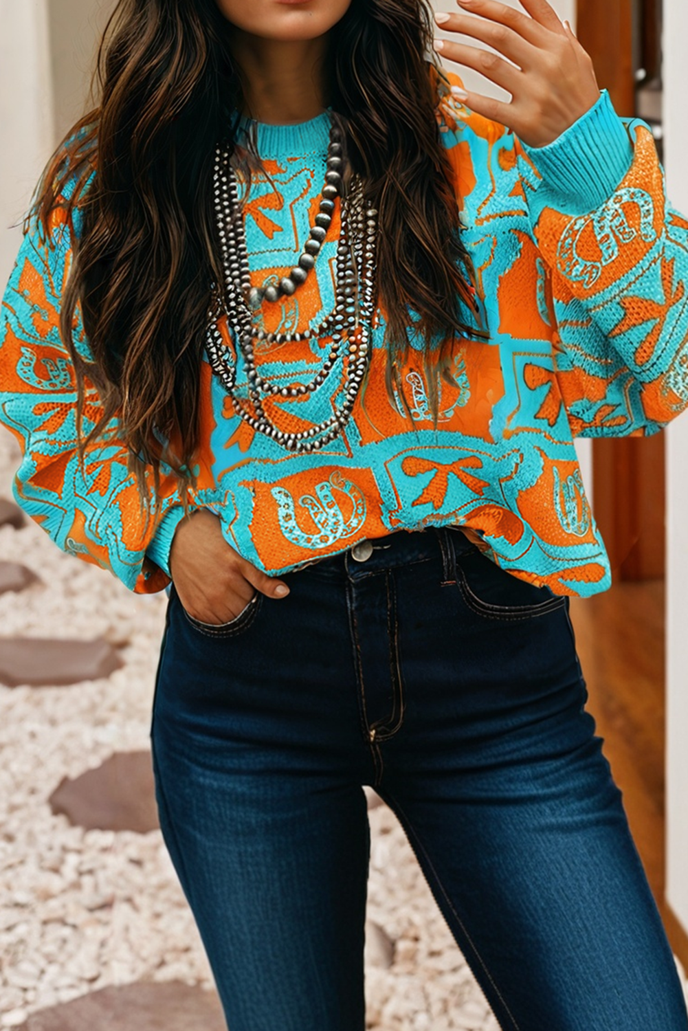 LD2726887-P222 LDC Western Fashion Patterned Loose Sweater| S-4X: Black