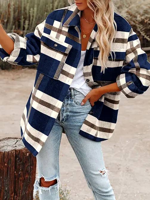 MD9859-BW Navy Blue Plaid Button Flannel Shirt Jacket: Black and white