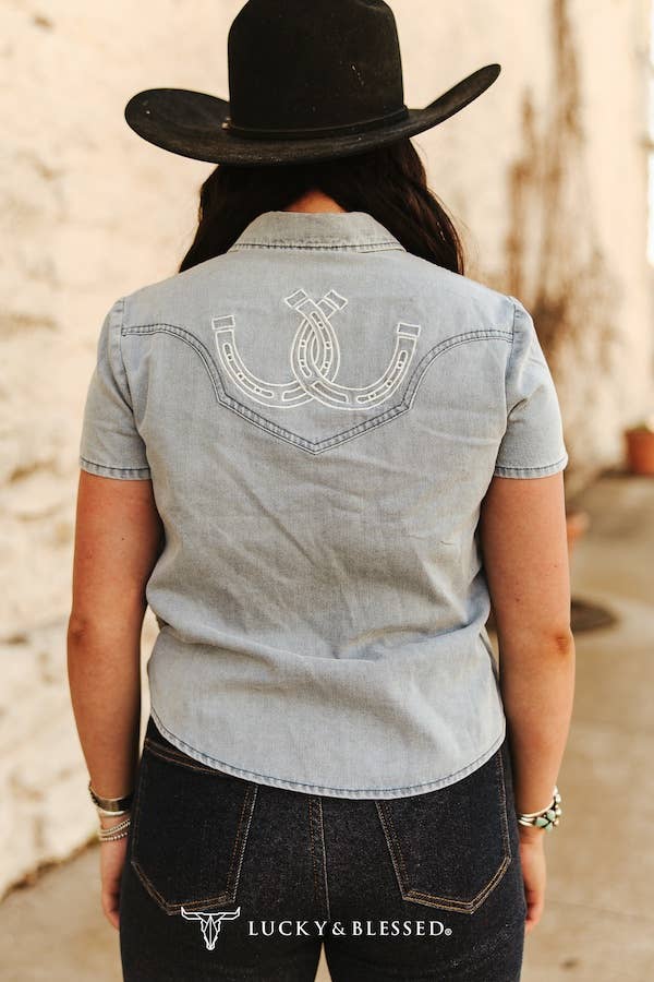 Light Wash Stretch Denim Pearl Snap Horse Shoe Top