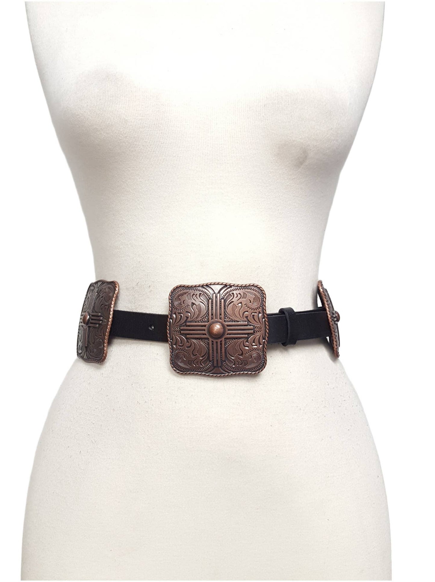 Genuine Leather w. Western Buckle-Size Zia Concho Belt: Brown/Copper