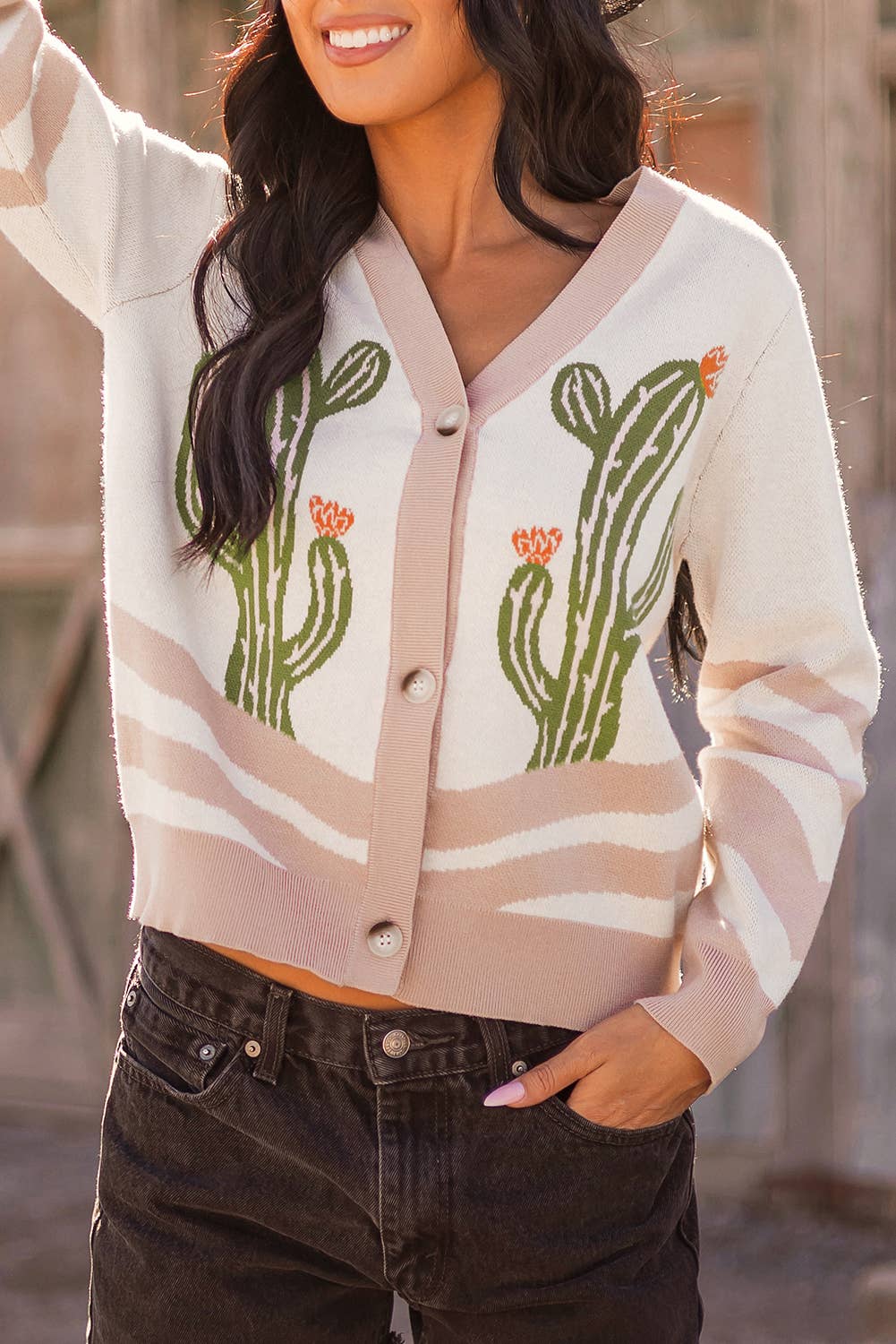 FW2712401-P1820 Fashion-W Western Cowgirl Fashion Cactus Sweater Cardigan: As shown / Missy