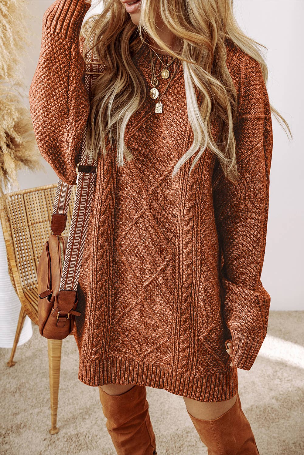 LD273764-P6016 LDC Cable Knit Drop Shoulder Loose Fit Sweater Dress: Parchment
